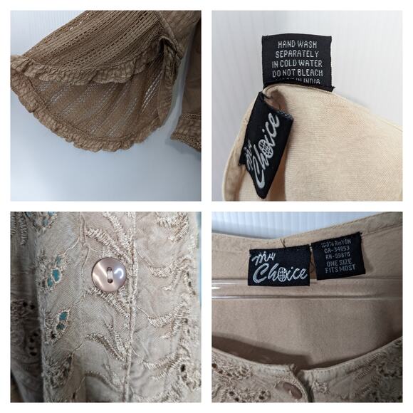 Vintage Y2K Boho Peasant Blouse Tan Eyelet Tie Back Flutter Sleeve Romantic Top - Picture 10 of 10